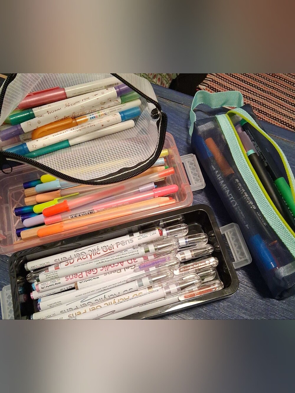 Assorted Multicolor Gel Pens, Metallic & Regular Markers W Storage Containers
